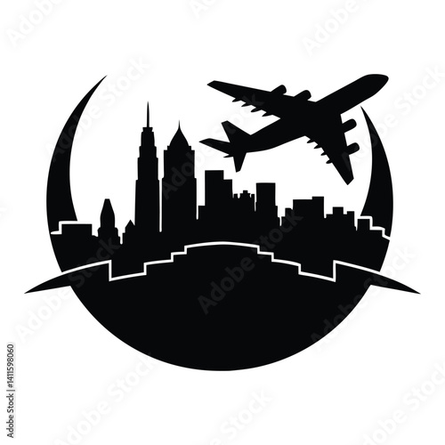 airliner over city skyline silhouette.
