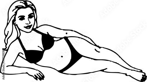 Woman lying down wearing a bikini in sketch style against a white background makes it ideal for fashion and summer illustrations.