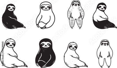 Cute sloth silhouette illustrations in black and white