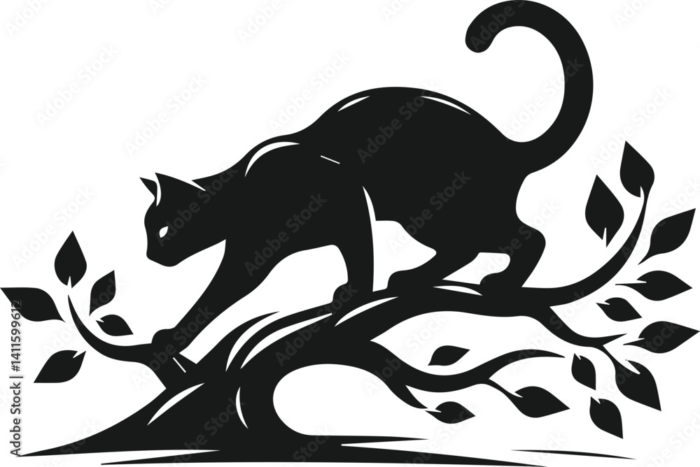 Obraz premium Cat with forest tree vector silhouette