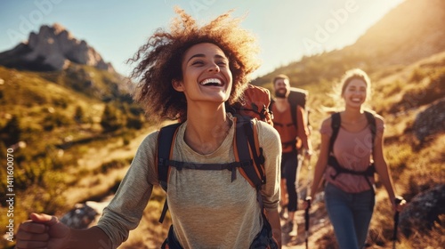 Happy hikers ascending a mountain trail.