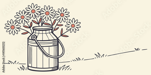 Single vintage milk jug with a bouquet of daisies in flat vector style
