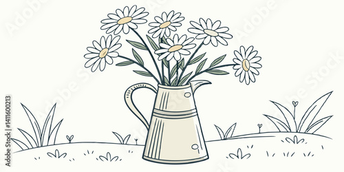 Single vintage milk jug with a bouquet of daisies in flat vector style
