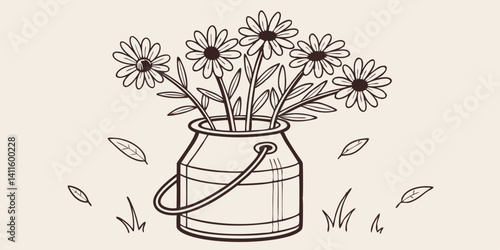 Single vintage milk jug with a bouquet of daisies in flat vector style

