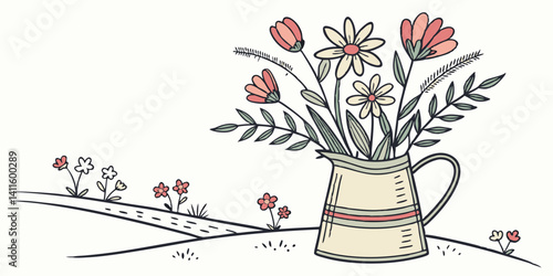 Stylized farmhouse floral arrangement in antique milk jug
