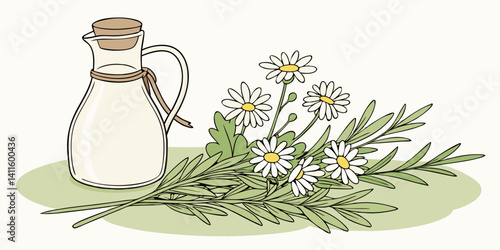 Milk jug with bundled herbs and white daisies
