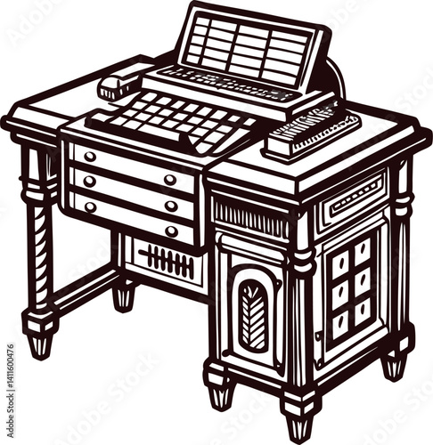 Antique wooden desk with vintage cash register and drawers.