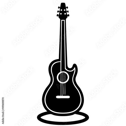 Vector silhouette of a guitar positioned upright on a stand 