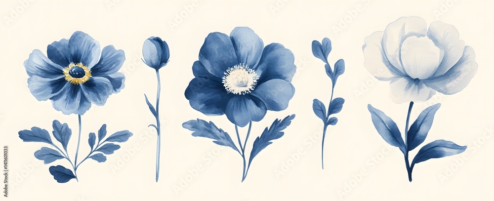 Obraz premium Blue floral illustration featuring diverse blooming flowers on light background