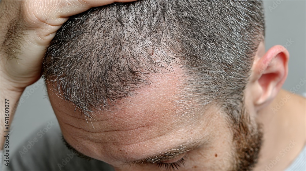 Inflamed scalp condition with red bumps and micro scaling in a buzz cut man Inflamed scalp condition with red bumps and micro scaling in a buzz cut man