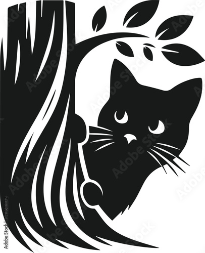 Cat with forest tree vector silhouette