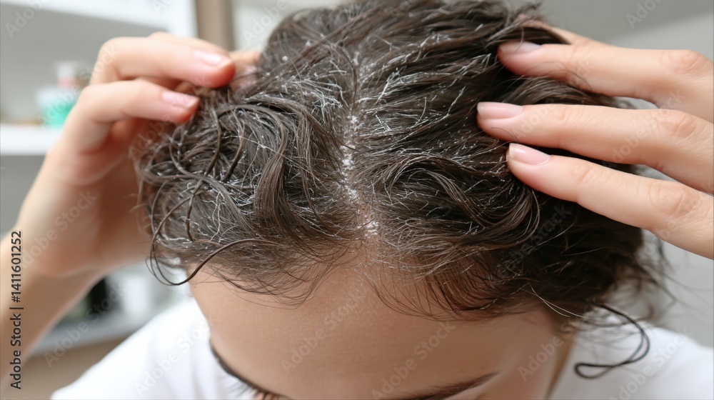 Fototapeta premium Close-up view of irritated red scalp among thick curly black hair with visible flakes