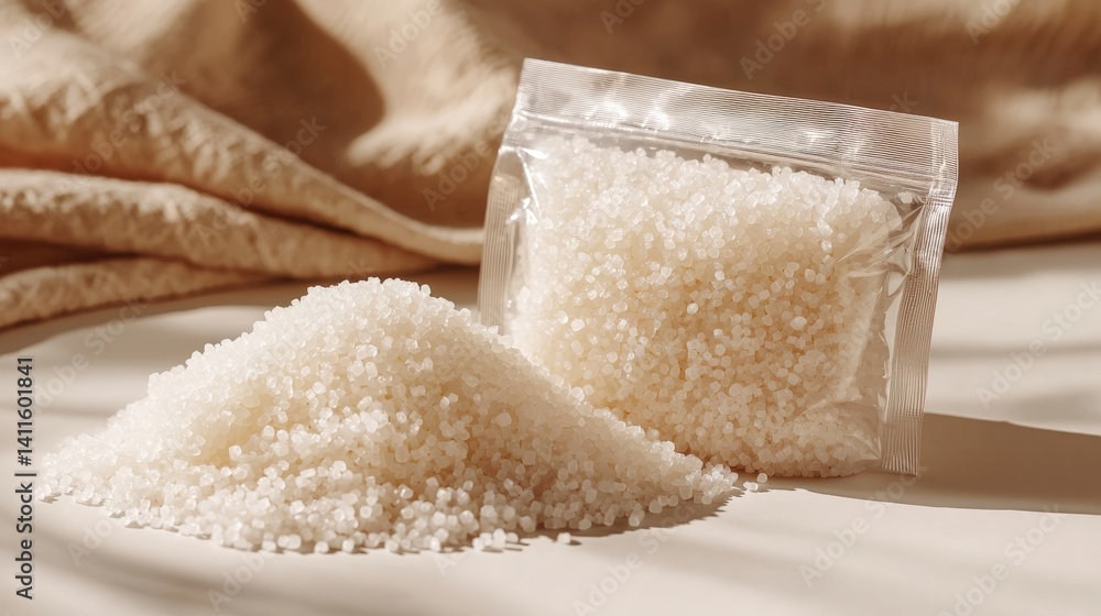 Pouch filled with white crystalline erythritol on light beige background Pouch filled with white crystalline erythritol on light beige background