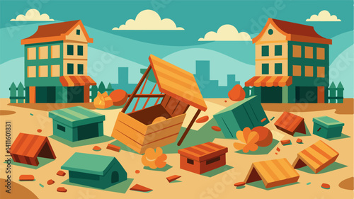 In a small town square overturned market stalls and overturned crates in disarray symbolize the aftermath of a failed economic system.. Vector illustration