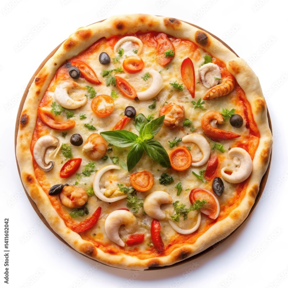 Seafood Pizza With Shrimp Calamari Tomatoes Olives And Basil On Wooden Plate Seafood Pizza With Shrimp Calamari Tomatoes Olives And Basil On Wooden Plate