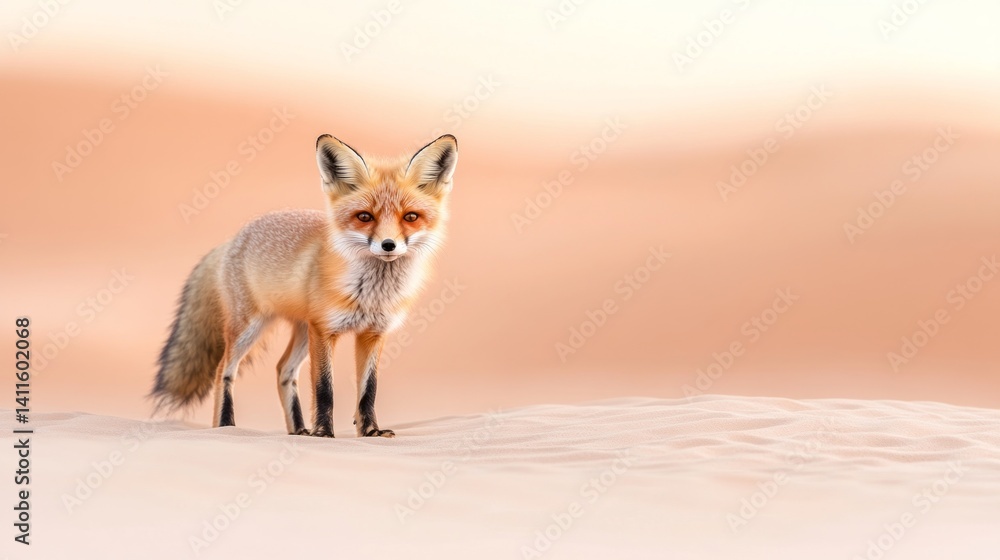 Obraz premium A curious red fox explores the vast sandy desert, its coat glowing softly in the warm dusk light, showcasing the beauty of wildlife in arid environments