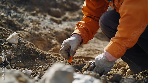 Geologist conducting field tests to measure the lithium content of soil samples from the mining site. Featuring field testing