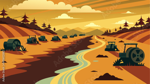 Rows of abandoned farming equipment line the edges of the riverbed serving as painful reminders of the livelihoods that have been lost due to the lack of water.. Vector illustration