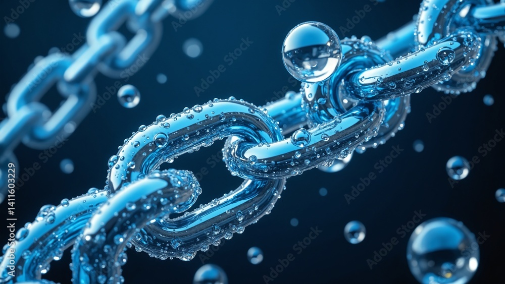Chain with water droplets symbolizing connection in blockchain-based workflow zones and digital transactions Chain with water droplets symbolizing connection in blockchain-based workflow zones and digital transactions