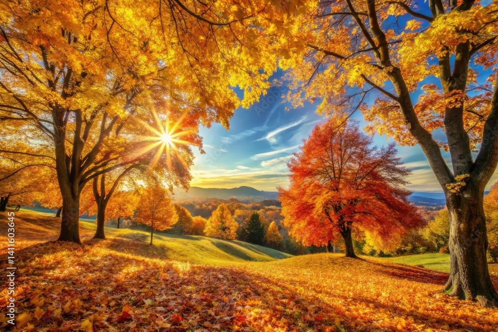 Fototapeta premium Panoramic Autumn Bliss: Golden Leaves, Crisp Air, Fall Foliage Photography
