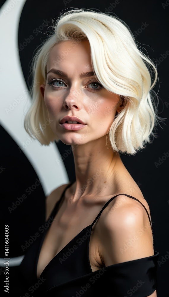 Fototapeta premium Chic platinum blonde against bold black and white shapes , minimal, portrait