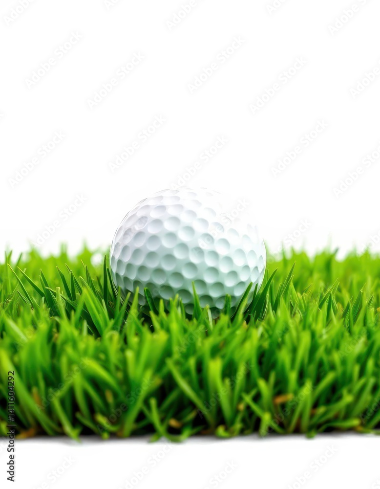 A pristine golf ball rests in vibrant green grass against a pure white background, vibrant, summer, game A pristine golf ball rests in vibrant green grass against a pure white background, vibrant, summer, game