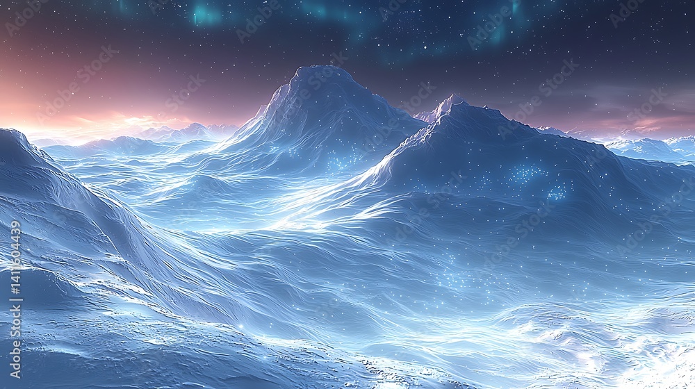 Fototapeta premium A surreal desert with flowing silver liquid dunes under a starry sky 