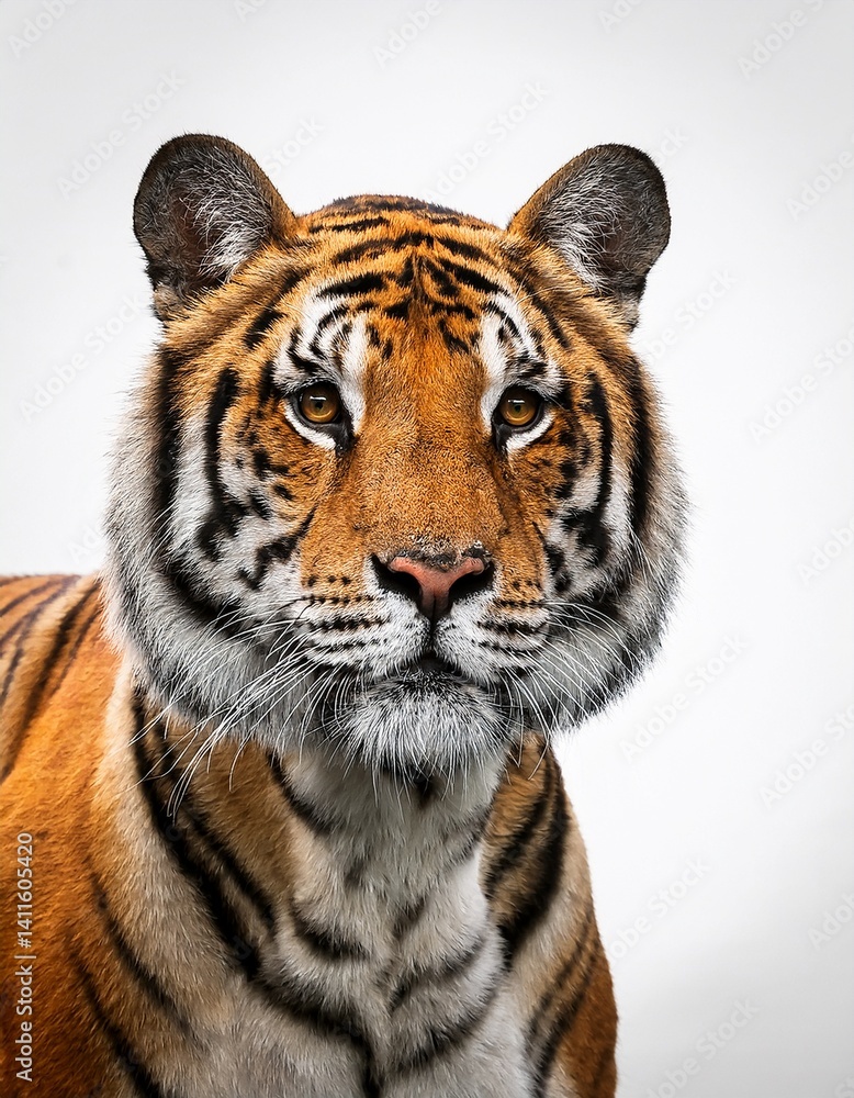 Fototapeta premium マットな白背景に1頭のトラが立つシンプルでクールなデザイン。力強い体躯と鮮やかな模様が余白とともに引き立ち、洗練された印象と静けさを演出する。