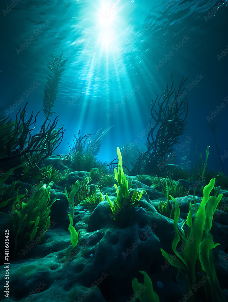 Fototapeta premium Underwater scene with seaweed, blue-green atmosphere