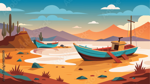 The abandoned boats on the reservoirs shores were a poignant image of the forgotten fishing industry dried up along with the water.. Vector illustration