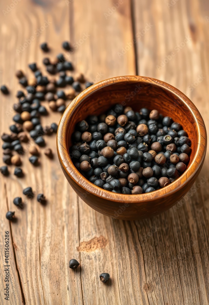 A rustic wooden bowl brimming with black peppercorns sits on a weathered wood table, wooden, antique, wood A rustic wooden bowl brimming with black peppercorns sits on a weathered wood table, wooden, antique, wood