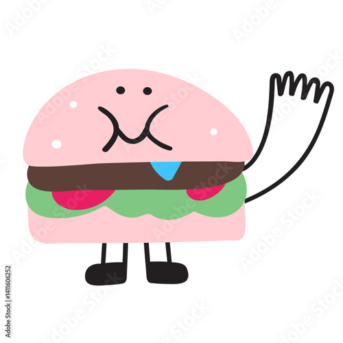 Funny burger. Cute character waving. Hand drawn flat illustration on white background.