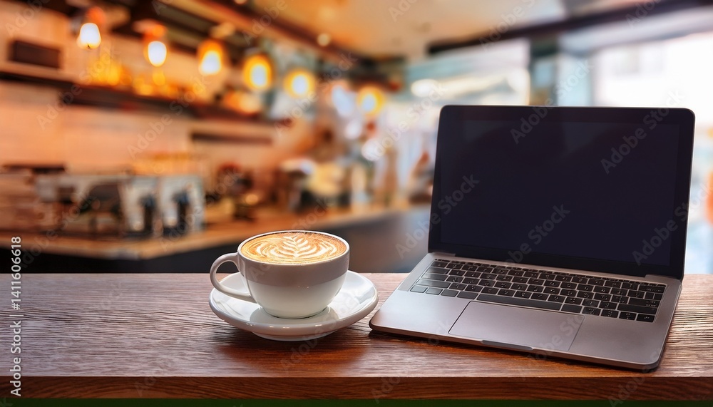 洗練されたカフェのカウンターに置かれたパソコンとカプチーノ。背景にカフェのロゴが見え、スタイリッシュな空間でリラックスしながら作業に没頭するひととき。
洗練されたカフェのカウンターに置かれたパソコンとカプチーノ。背景にカフェのロゴが見え、スタイリッシュな空間でリラックスしながら作業に没頭するひととき。
