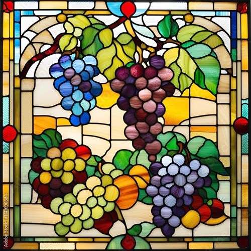 Beautiful stained glass artwork featuring colorful grapes and fruits in a vibrant design.