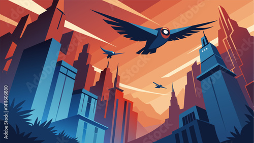 The hum of electric engines echoes through the canyon of skyscraperapers as the autonomous eVTOLs soar above resembling futuristic birds of prey.. Vector illustration