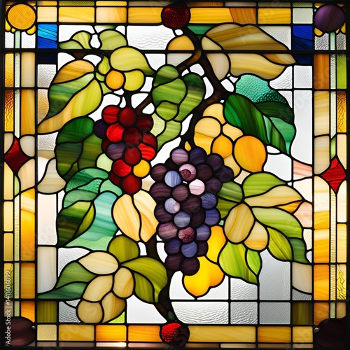 Colorful stained glass artwork featuring grapes and leaves giving a vibrant touch.