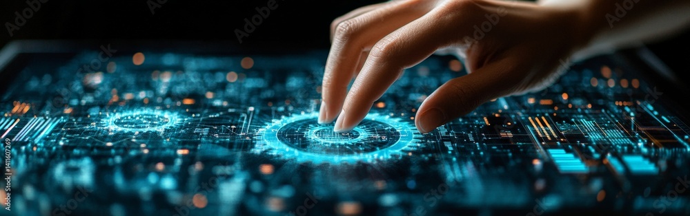 Hand Reaching to Touch Digital Gears Icon on Virtual Screen, Symbolizing Technology and Innovation Hand Reaching to Touch Digital Gears Icon on Virtual Screen, Symbolizing Technology and Innovation