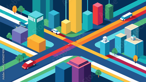 An aerial view of a city with colored lines indicating traffic movement based on realtime data and predictive models.. Vector illustration