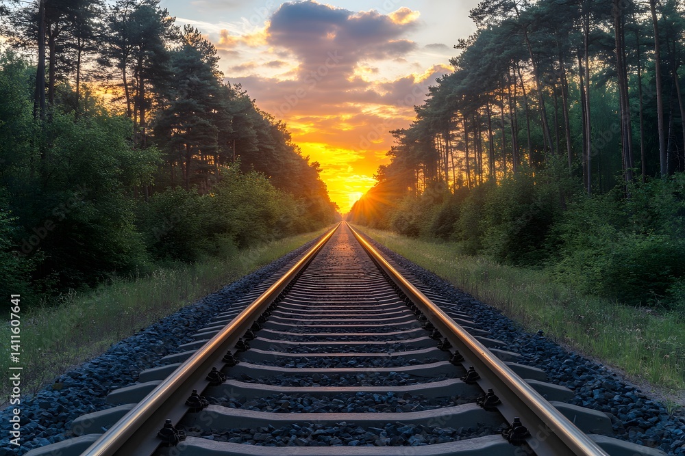A scenic view of railway tracks lead directly to the sun, and create an emotional journey to a bright future. A path to the golden hour, framed by the majestic trees, symbolizing the journey. A scenic view of railway tracks lead directly to the sun, and create an emotional journey to a bright future. A path to the golden hour, framed by the majestic trees, symbolizing the journey.