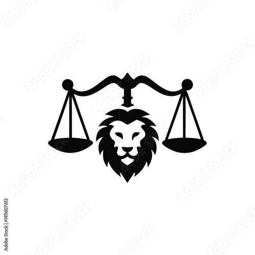 Justice and Strength A Lion's Head Weighing Legal Scales.