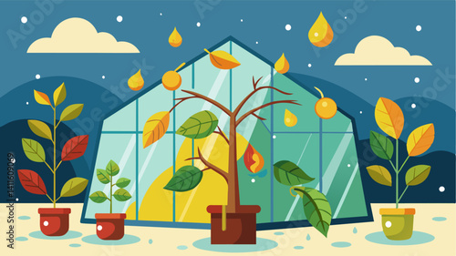 As the winter chill sets in the greenhouses plants struggle to survive their leaves slowly turning yellow and withering due to the cold temperatures and lack of warmth.. Vector illustration