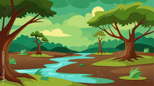 The lush greenery of the surrounding trees has been rep by the dull brown of waterlogged branches a stark contrast to the once vibrant landscape.. Vector illustration