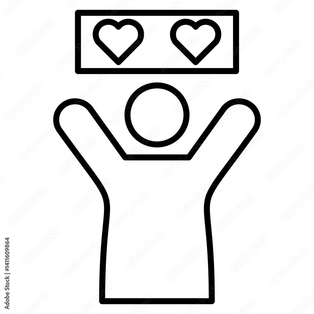 Obraz premium Icon of a figure with raised arms and two hearts above, symbolizing receiving love, appreciation, or positive feedback.