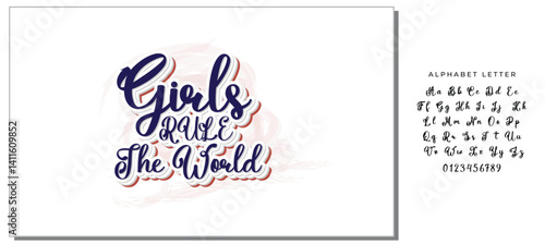 Girls Rule The World hand lettering print. Vector calligraphic illustration of feminist movement. Heart shape background.