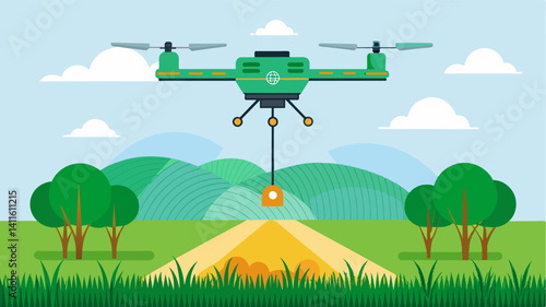 Precision drone fertilization helps reduce nutrient wastage resulting in cost savings and a more sustainable approach to agriculture.. Vector illustration