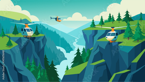 Against a backdrop of lush forests and steep cliffs the aerial taxis fly effortlessly showcasing their ability to operate in even the most remote and rugged landscapes.. Vector illustration