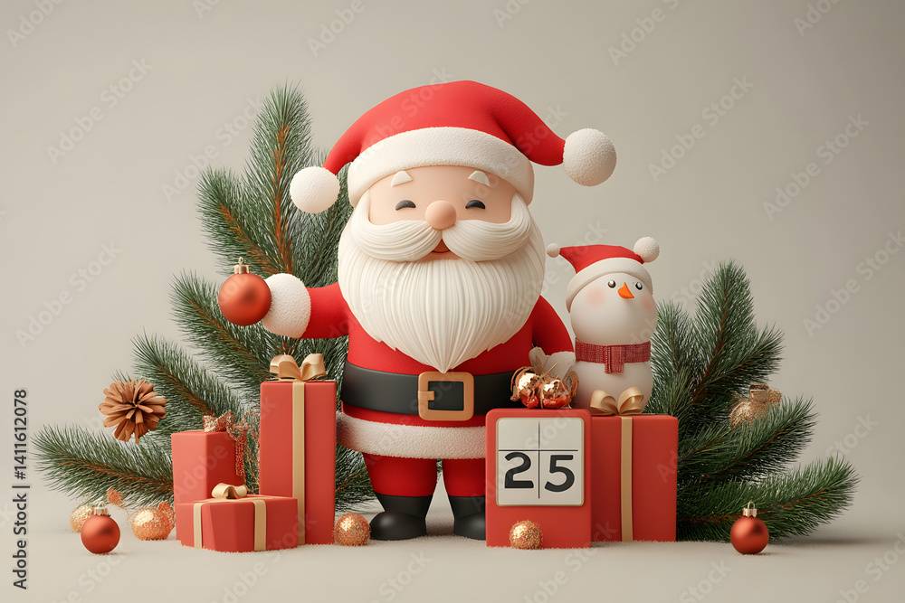 Fototapeta premium Santa Claus smiles, a snowman, gifts, and Christmas decorations create a scene of holiday cheer, conveying the joy and excitement of the festive season.