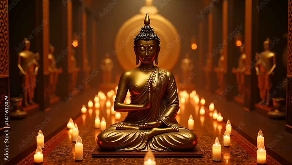 Fototapeta premium Impressive Buddha Purnima Devotion Scene: Sophisticated Rituals, Dignified Postures, and Refined Decor in Exceptional Clarity - Photo Stock Concept with Empty Space