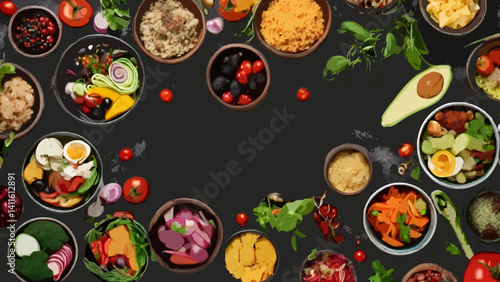 Assortment of healthy food dishes. Top view. Free space for your text