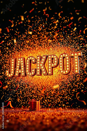 Golden Jackpot text with confetti explosion. Vertical wallpaper with a festive and bold graphic symbolizing a big win